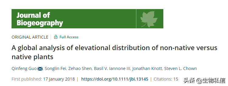 Journal of Biogeography-非本地植物与本地植物海拔分布的全球分析